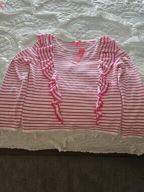 Tango Ruth Pink & White Striped Ruffle Knit Top Lilly Pulitzer XL NWT